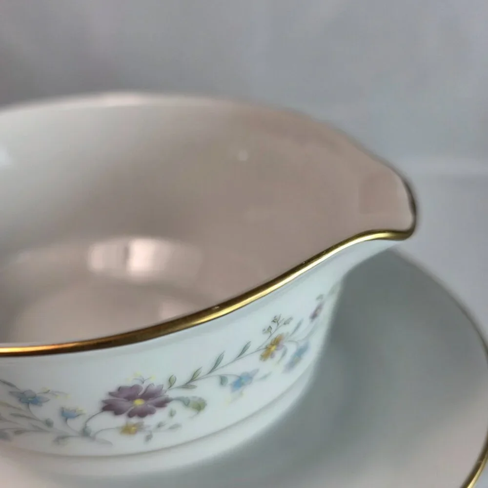 Noritake Longwood #2485 Gravy Boat with Underplate Purple, Blue & Yellow Flowers